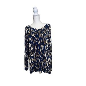 Belle by Kim Gravel Blue and Tan Animal Print Long Sleeve Top XL
